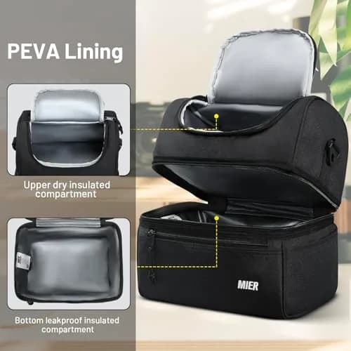MIER Double Deck Insulated Lunch Bag Large Cooler Tote Bag for Men & Women, Black | 13 L (25.9cm x 25.9cm x 20.1cm) thumbnail 4