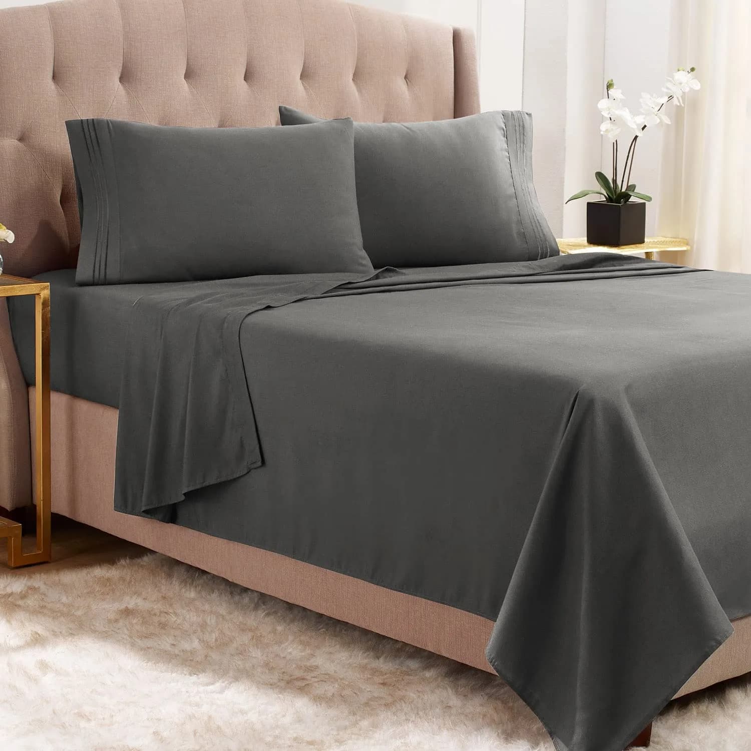 Empyrean Bedding Queen Sheets - Double Brushed Microfiber, Burgundy Red, 4 PC Set, with Corner Straps | Hotel Luxury Feel — Charcoal Gray / California King