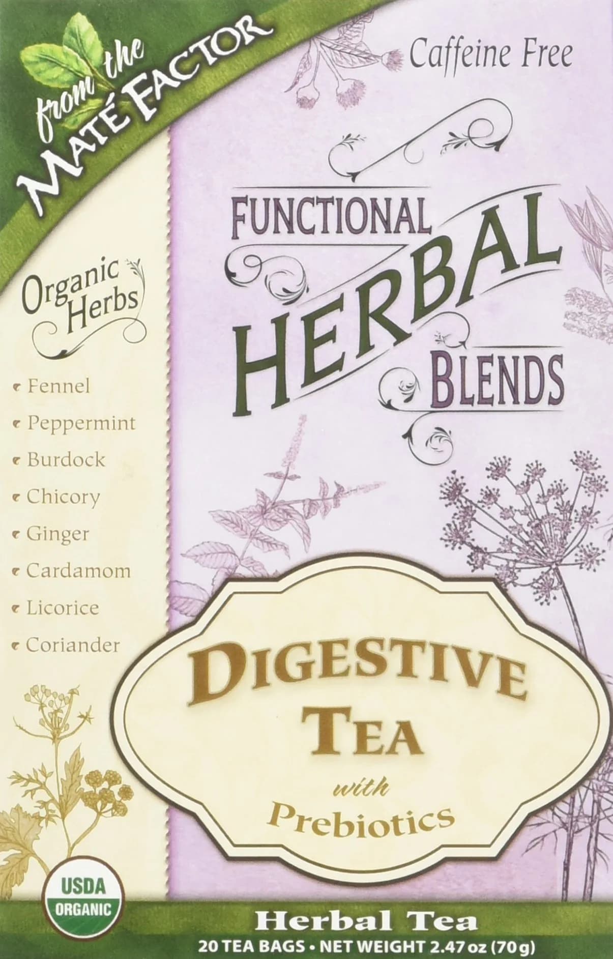 Maté Factor Digestive Tea with Prebiotics 20 Bag | Caffeine-Free Herbal Blend for Support