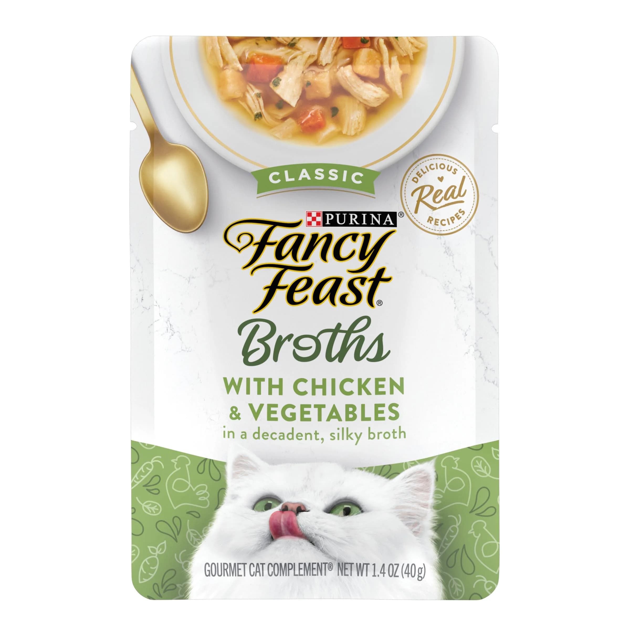 Fancy Feast Broths Classic Chicken & Vegetables Cat Food Topper 1.4 oz (40g) | Real Protein & Grain-Free Broth — Chicken & Vegetables