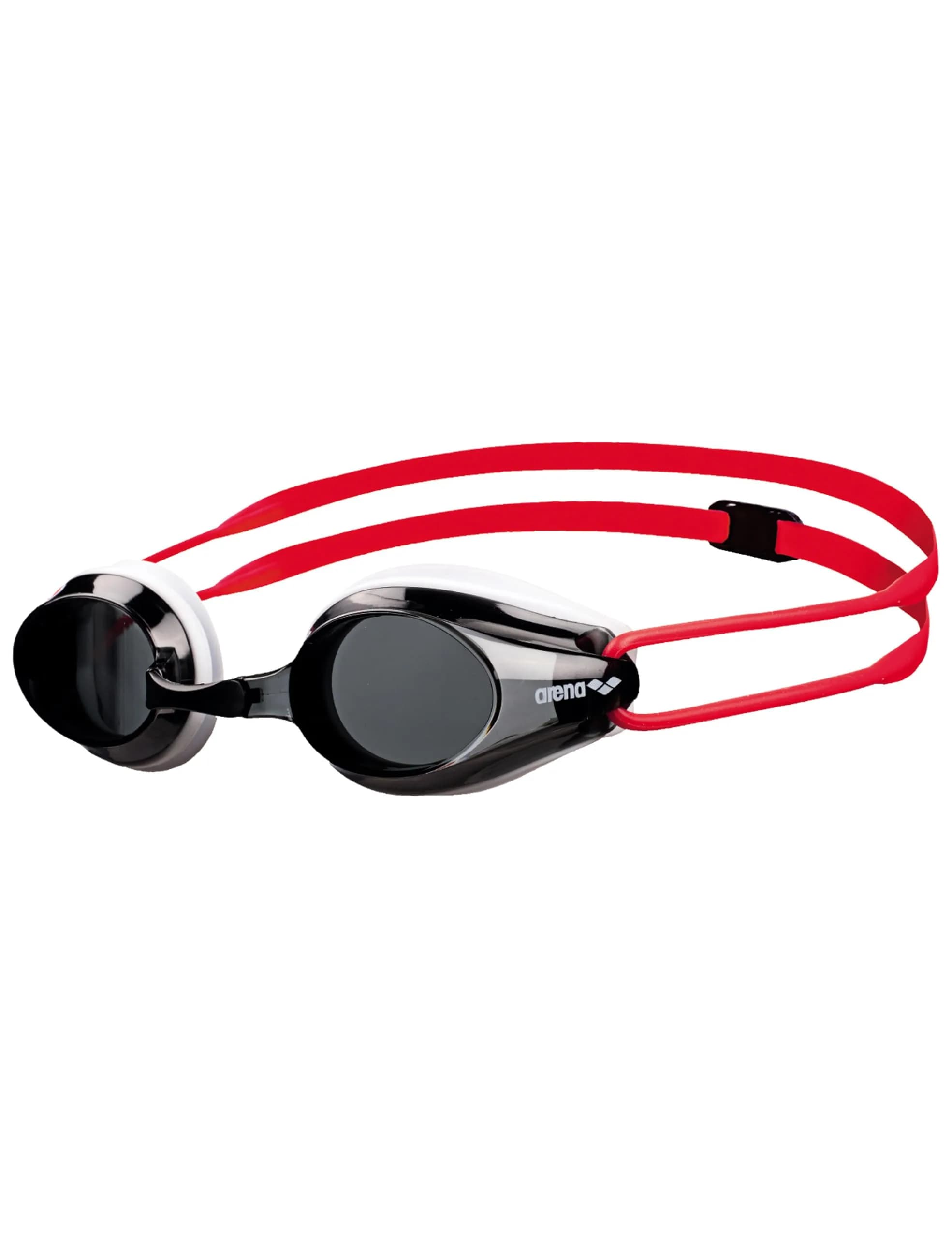 ARENA Tracks Junior Youth Racing Swim Goggles Kids Swimmers Anti-Fog Coated Non-Mirror Lens, Blue/White/Fluo Yellow — Smoke/White/Red