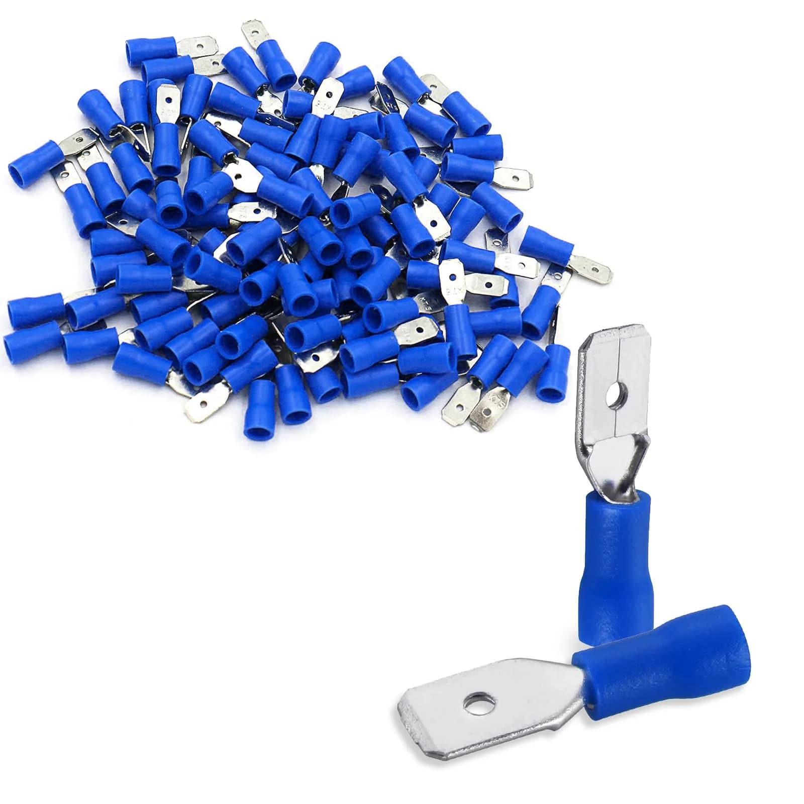 Baomain 1/4" Female Spade Connectors 16-14 AWG (100-Pack, Blue) | Secure Wire Connections for Automotive & Electronics — Male