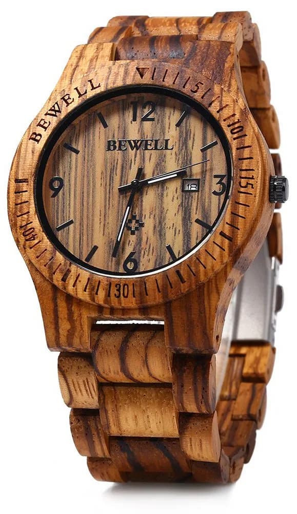 BEWELL ZS-W086B Men's Wooden Watch 4.2cm (1.65 inches) | Japanese Quartz Movement with Date Display — Zebra Wood