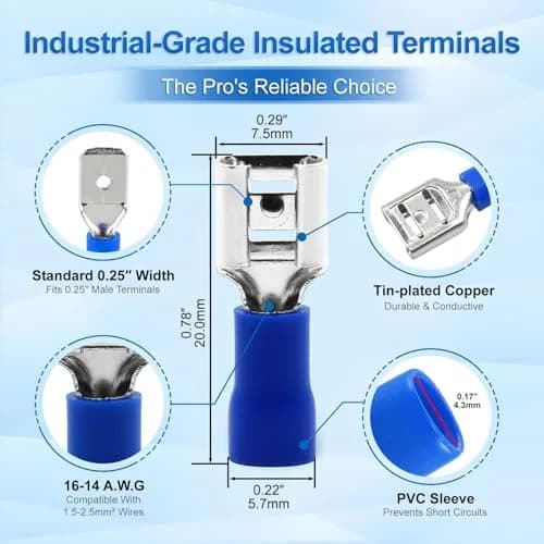 Baomain 1/4" Spade Terminals Kit 16-14 AWG 200-Pack | Secure Crimp Connectors for Electrical Wiring thumbnail 3