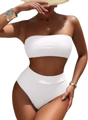 Pink Queen Women'S High Waist Bikini Bandeau Two Piece Swimsuit White M | Removable Strap & Support thumbnail 1