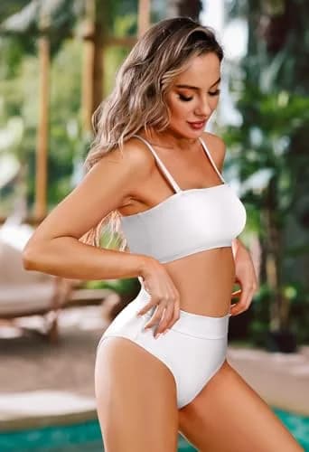 Pink Queen Women'S High Waist Bikini Bandeau Two Piece Swimsuit White M | Removable Strap & Support thumbnail 4