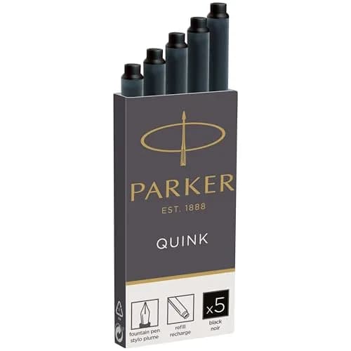 Parker Quink Fountain Pen Ink Cartridges Black, 5 Count (0.032 kg) | Smooth Ink Flow for Traditional Writing thumbnail 1