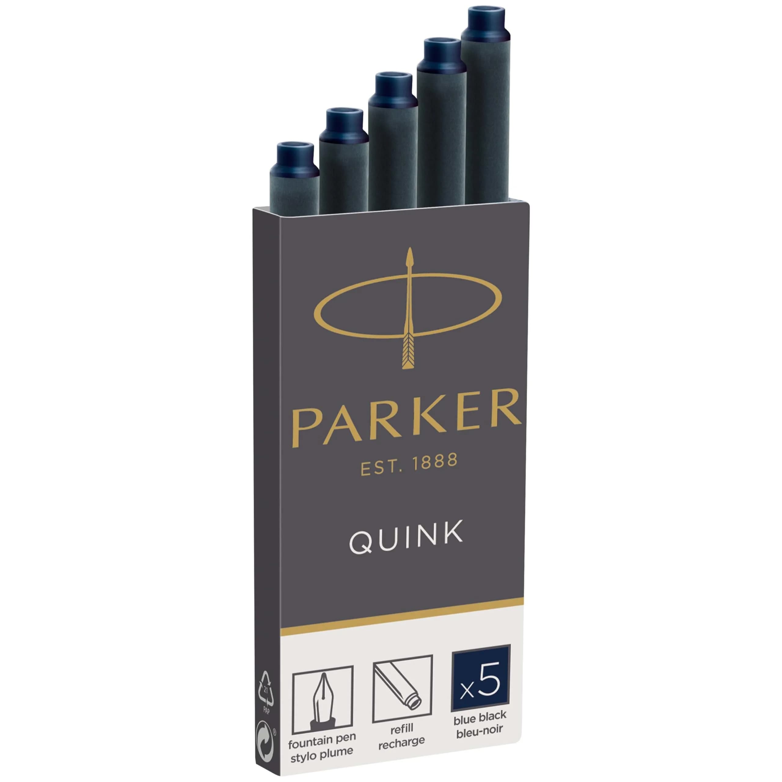 Parker Quink Fountain Pen Ink Cartridges Black, 5 Count (0.032 kg) | Smooth Ink Flow for Traditional Writing — Blue/Black