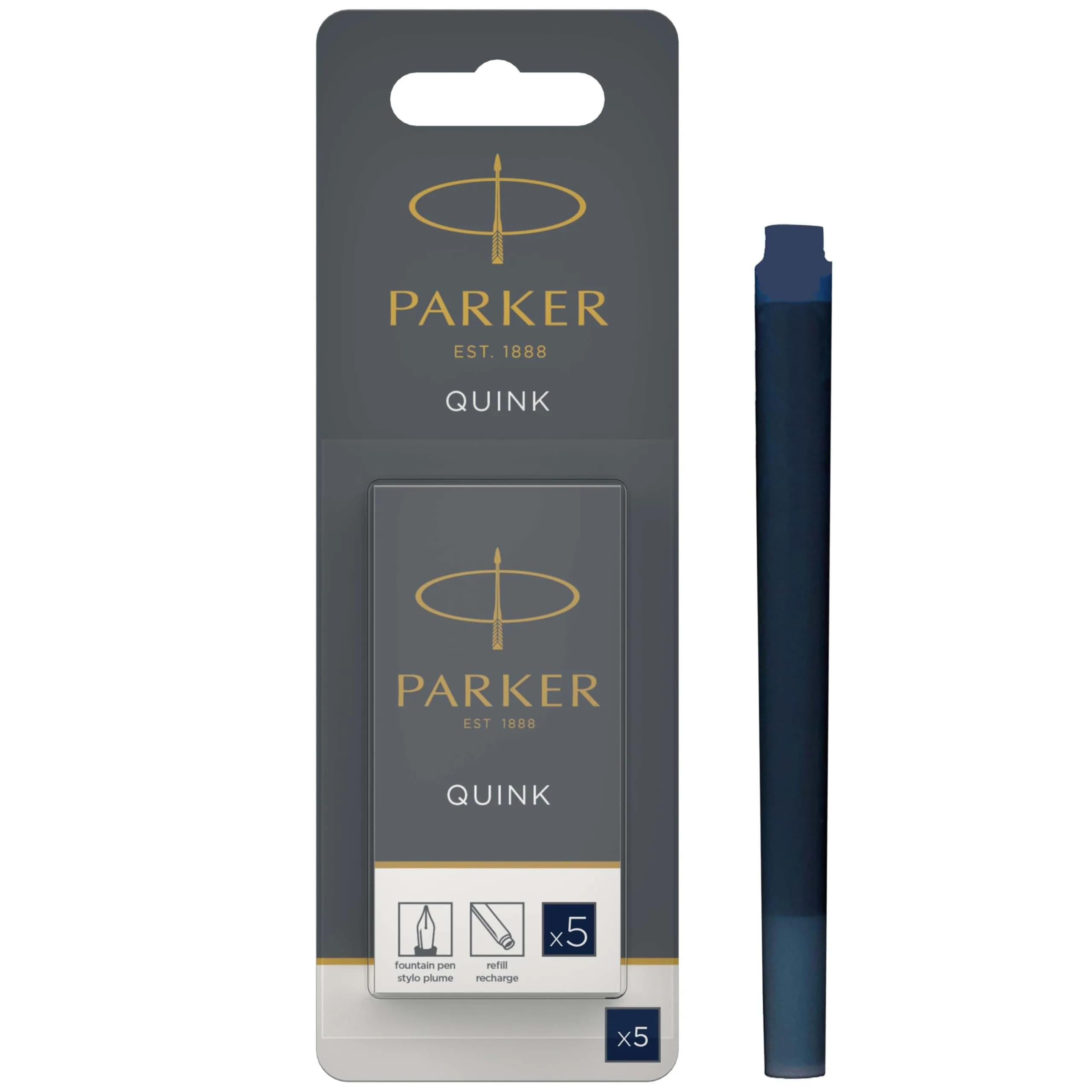 Parker Quink Fountain Pen Ink Cartridges Black, 5 Count (0.032 kg) | Smooth Ink Flow for Traditional Writing — Blue/Black