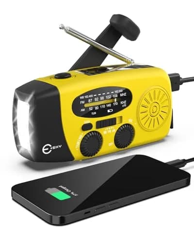Esky Emergency Hand Crank Radio with 3 LED Flashlight, AM/FM/NOAA Weather Radio, 2000mAh Power Bank, Solar Powered USB Charged Radio (Yellow, 5.9x3.1x2.5 Inches) thumbnail 1