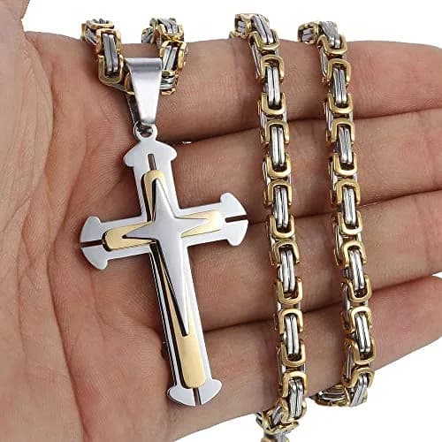 Trendsmax Mens Cross Pendant Necklace Stainless Steel 24inch | Gold & Silver Byzantine Chain thumbnail 2