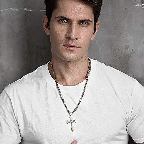 Trendsmax Mens Cross Pendant Necklace 26inch | Stainless Steel Gold Silver Byzantine Chain thumbnail 5