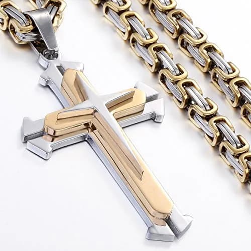 Trendsmax Mens Cross Pendant Necklace 26inch | Stainless Steel Gold Silver Byzantine Chain thumbnail 3
