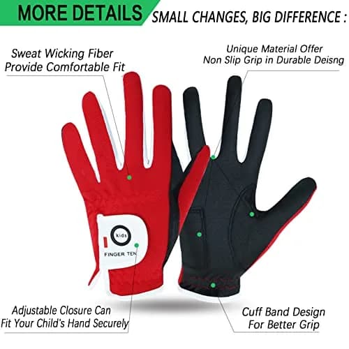 FINGER TEN Junior Kids Dura Feel Golf Gloves Large Red | Extra Grip & Breathability thumbnail 2
