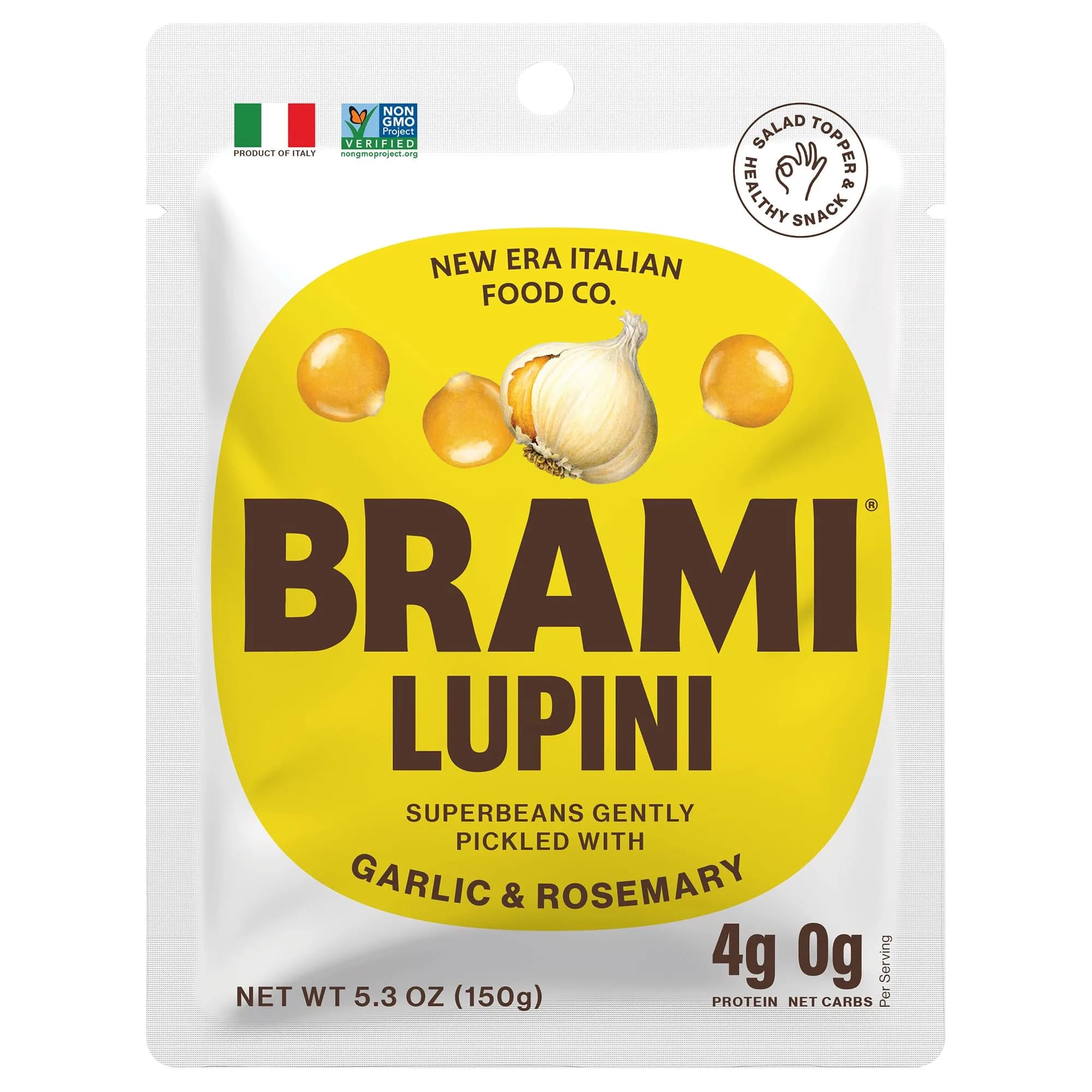 BRAMI Lupini Beans Snacks, Garlic & Rosemary | 7g Plant Protein, 0g Net Carbs, Vegan, Mediterranean Diet - main product image