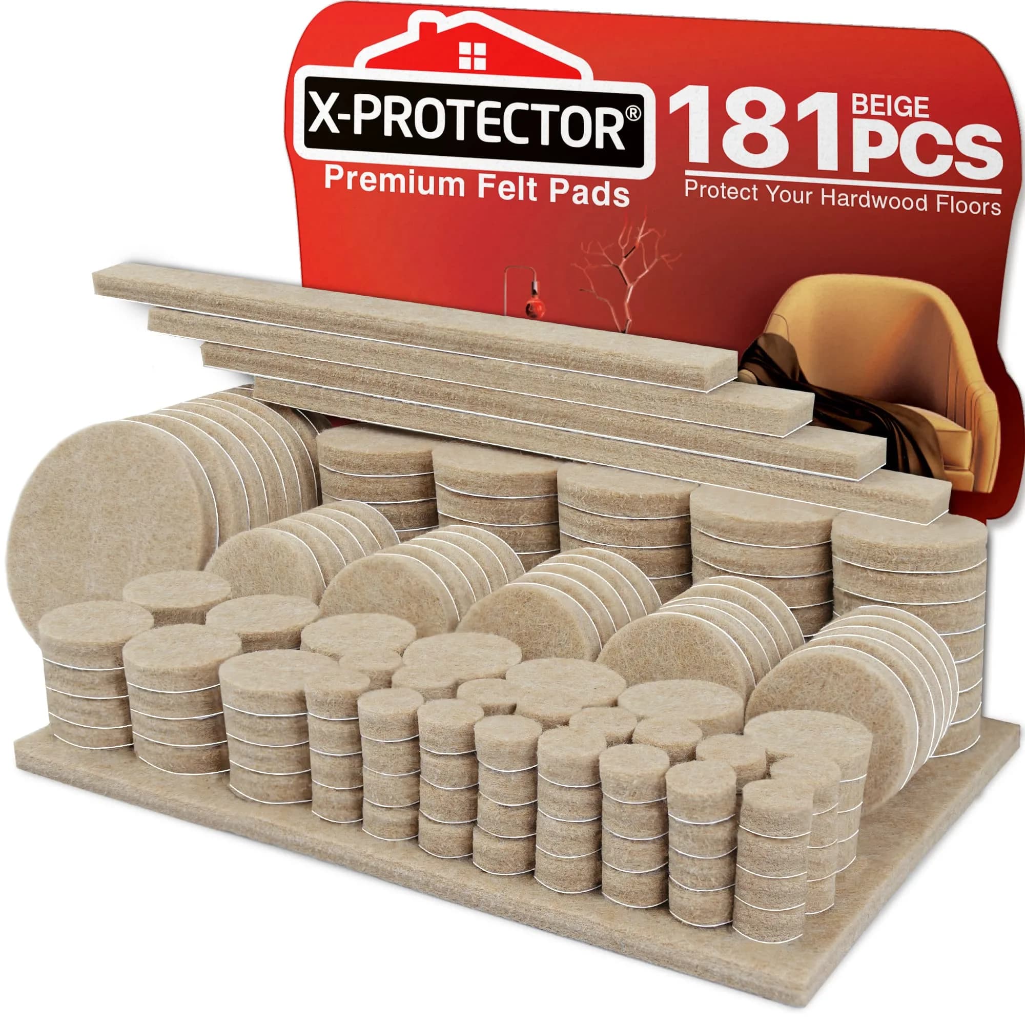 X-Protector Furniture Felt Pads 181 PCS - Beige Round & Square | Protects Hardwood & Laminate Floors