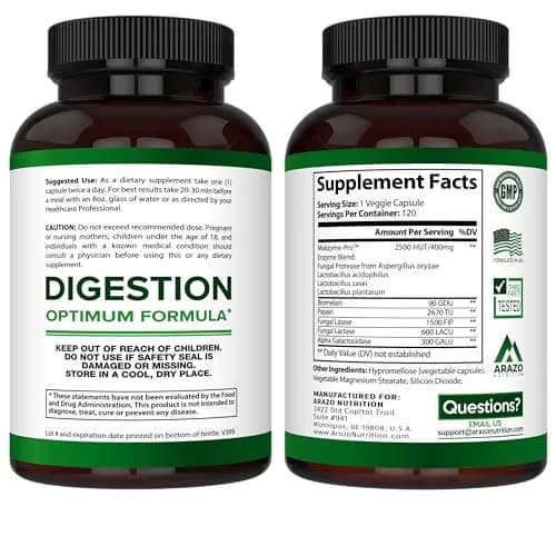 Arazo Nutrition Digestive Enzymes with Probiotics 120 Capsules | Fast-Acting, Acidophilus & Bromelain for Better Digestion thumbnail 3