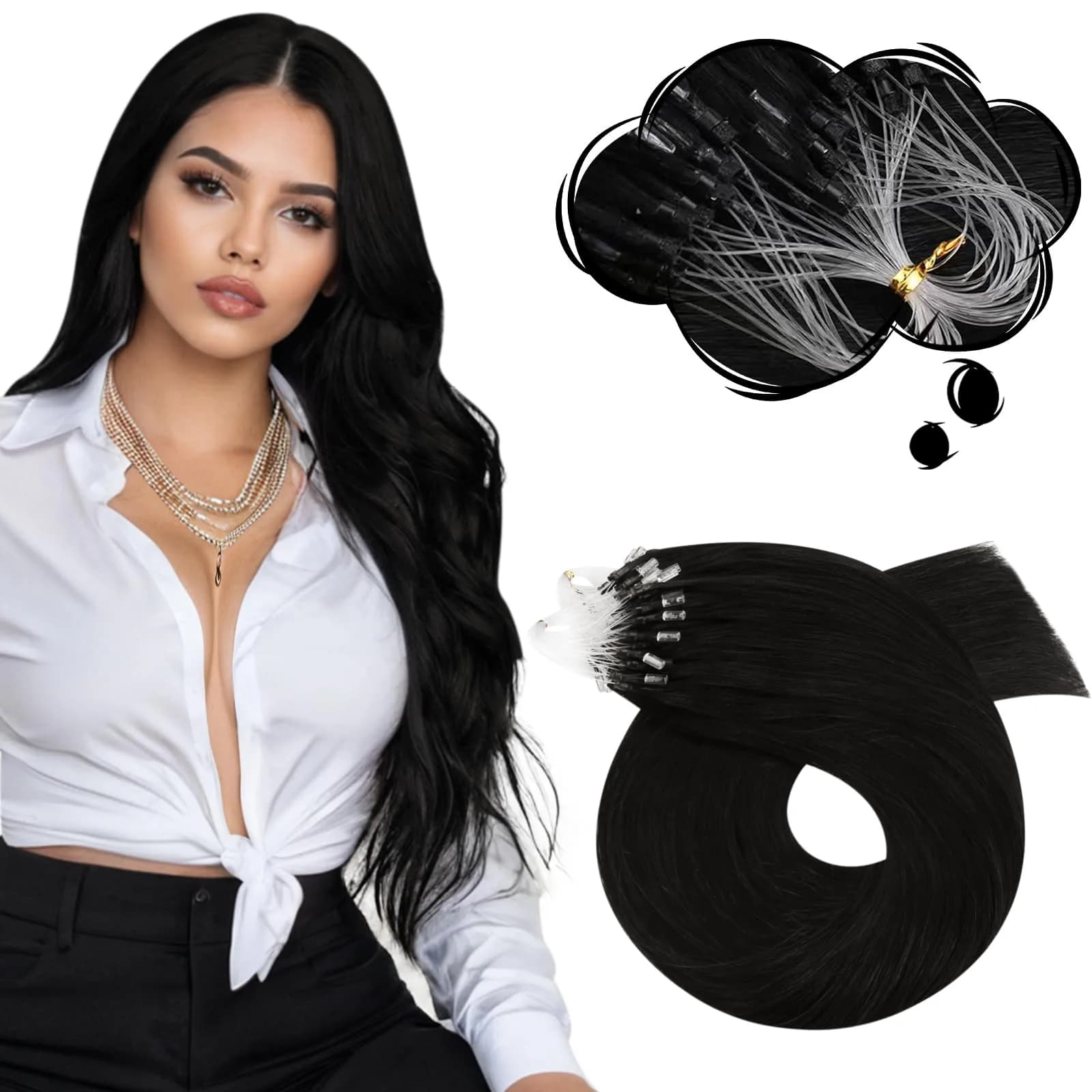 Moresoo Micro Bead Hair Extensions Real Human Hair, Off Black, 20 Inch (50g / 1.76 oz) | Blend Seamlessly for Volume & Length