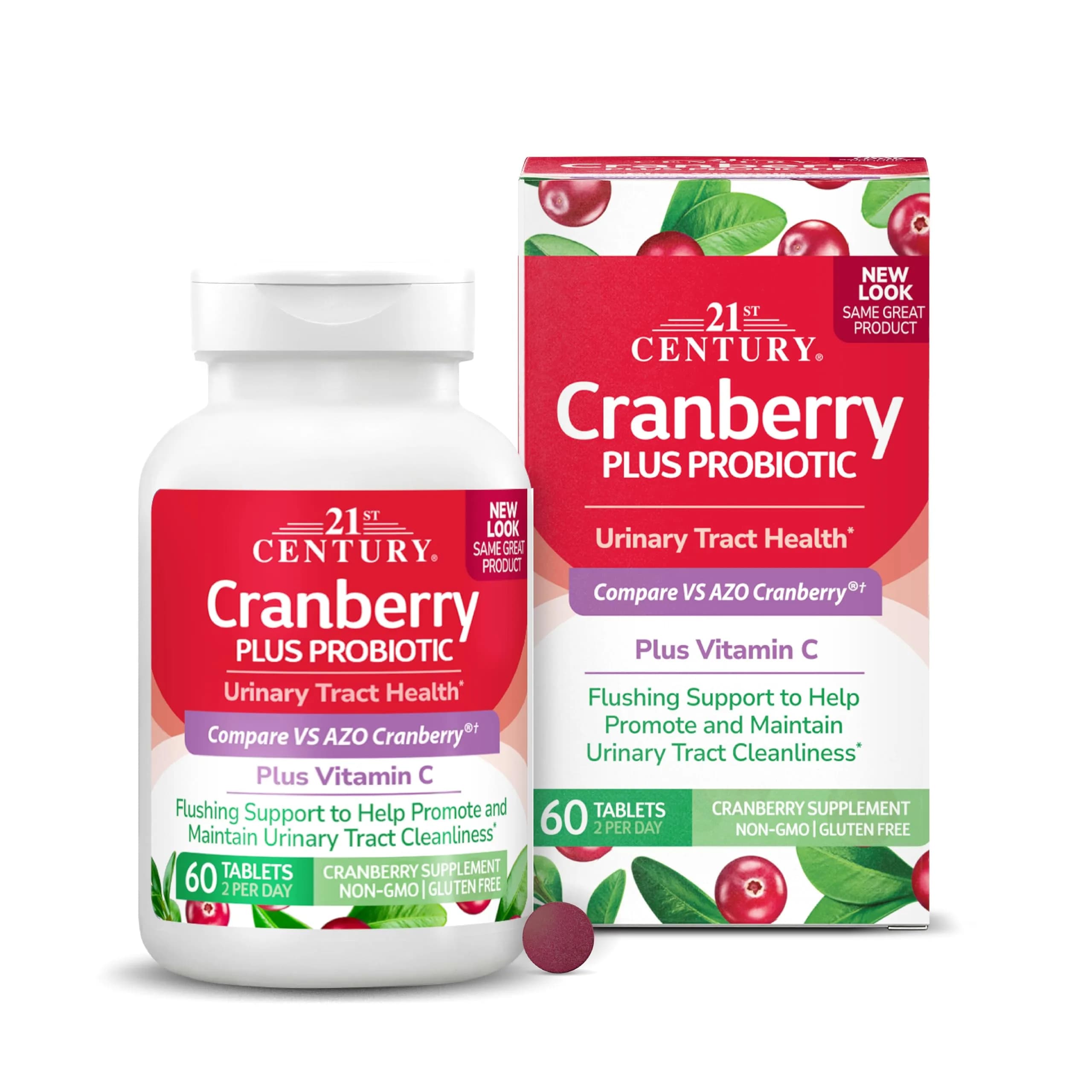 21st Century Cranberry Plus Probiotic Tablets 60 Count | Gluten-Free Urinary & Digestive Support — No Color