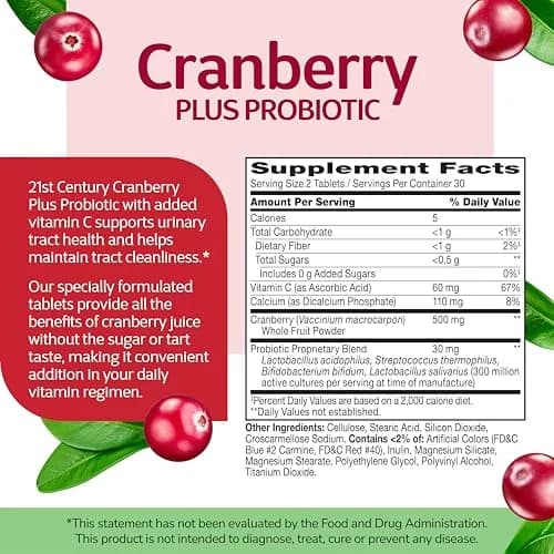 21st Century Cranberry Plus Probiotic Tablets 60 Count | Gluten-Free Urinary & Digestive Support thumbnail 2