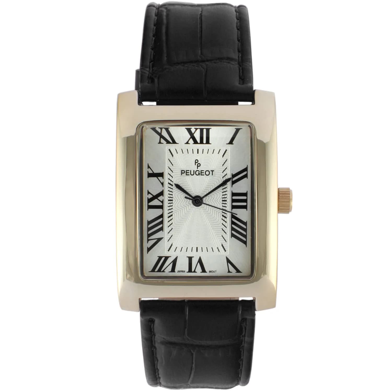 Peugeot Vintage Tank 14K Gold Plated Roman Numeral Leather Watch 30mm (1.18in) | Japanese Quartz Movement — Black