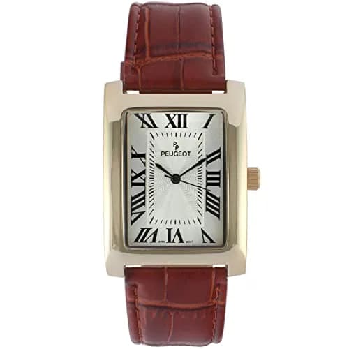Peugeot Vintage Tank 14K Gold Plated Roman Numeral Leather Watch 30mm (1.18in) | Japanese Quartz Movement thumbnail 1