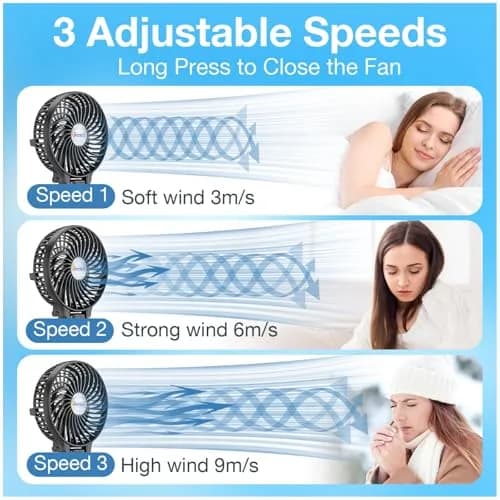 VersionTECH. Portable Handheld Fan with USB Rechargeable Battery, 3-Speed Foldable Mini Fan, Black | 10cm (3.94 inch) Fan Diameter thumbnail 3