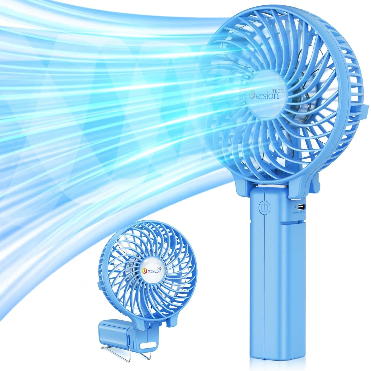 VersionTECH. Portable Handheld Fan with Replaceable Battery | 10cm Fan Diameter (3.94 Inch), 20cm Height (7.87 Inch) | USB Rechargeable — Blue