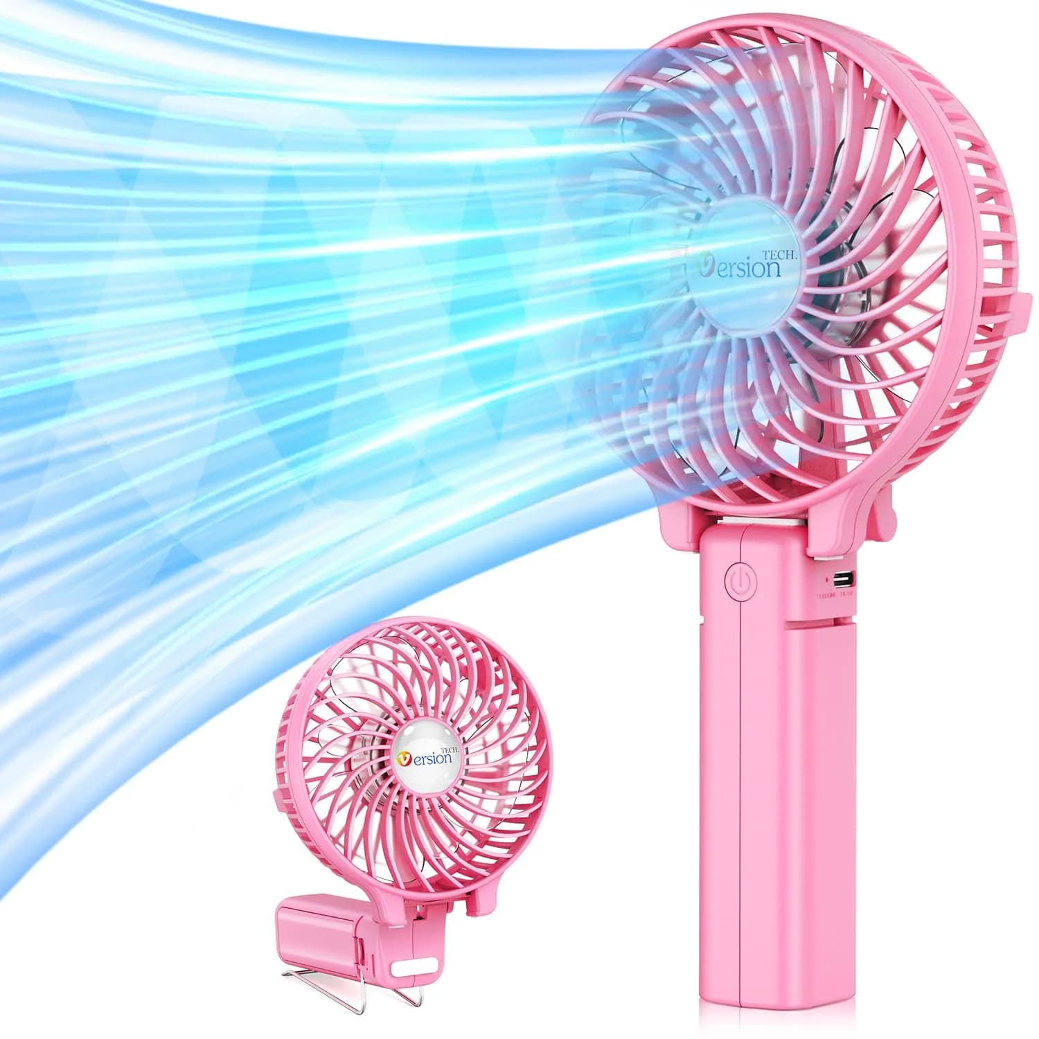 VersionTECH. Portable Handheld Fan with Replaceable Battery | 10cm Fan Diameter (3.94 Inch), 20cm Height (7.87 Inch) | USB Rechargeable — Pink