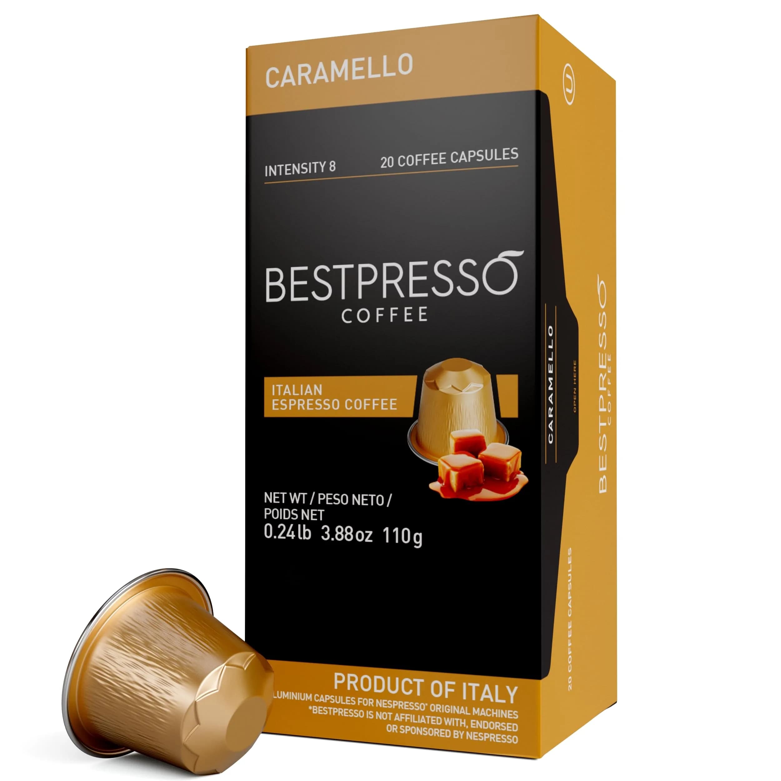 Bestpresso Coffee for Nespresso Original Machine 120 pods | Certified Espresso Chocolate Blend, Medium Intensity — Caramel