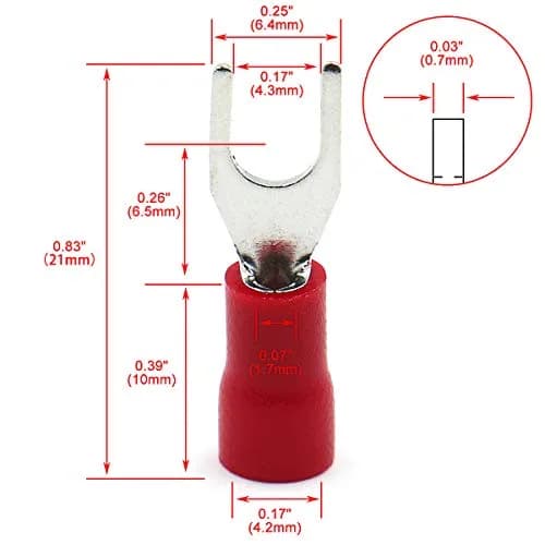 Baomain Red Fork Spade Insulated Terminal Connectors | 200-Pack, 22-16 AWG (0.5-1.5mm²), #8 Stud (4.3mm) thumbnail 2