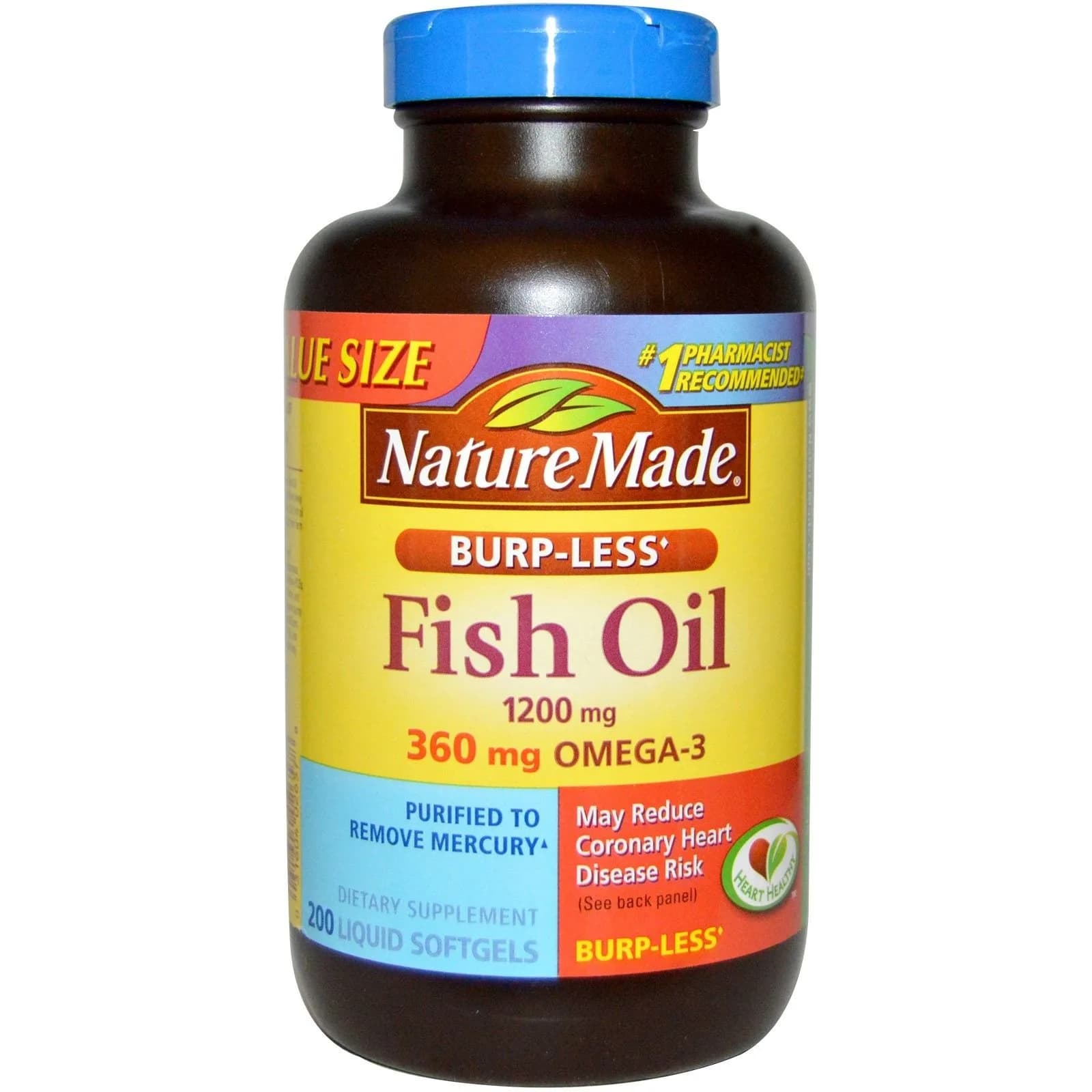 Nature Made Burp-Less Fish Oil 1200mg 360mg Omega-3 Liquid Softgels 400 Count (Pack of 2) | Supports Heart, Brain & Eye Health