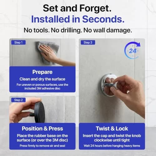 HOME SO Suction Cup Hooks for Shower & Bathroom Towel Holder 2-Pack Chrome | Strong Hold, No Drilling, Waterproof & Rustproof thumbnail 6