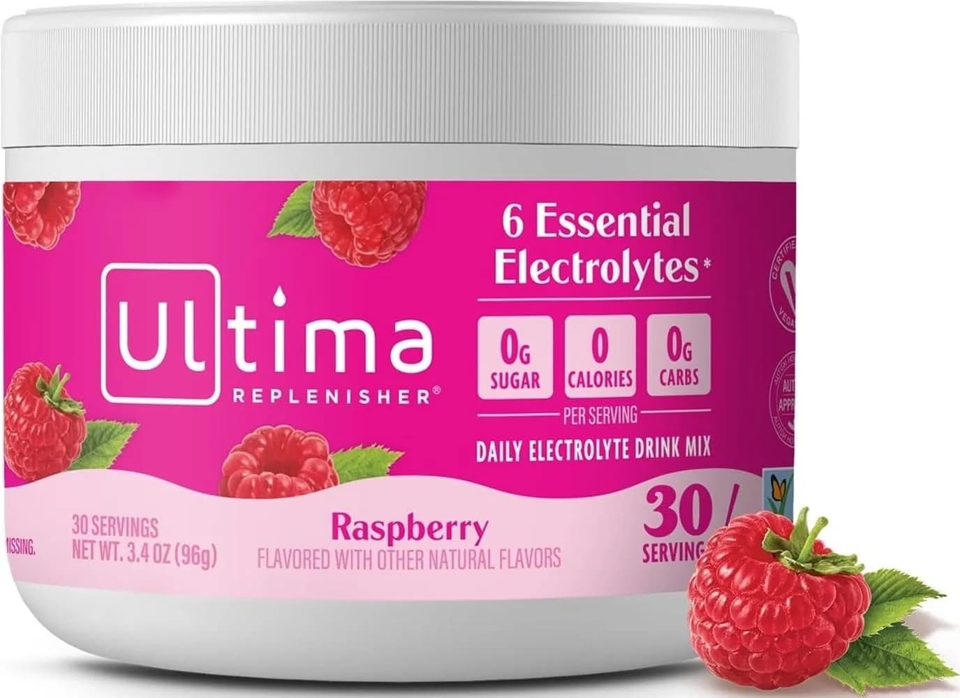 Ultima Replenisher Raspberry Electrolytes Powder 3.2oz (91g) | Hydration with 6 Electrolytes & Minerals - main product image