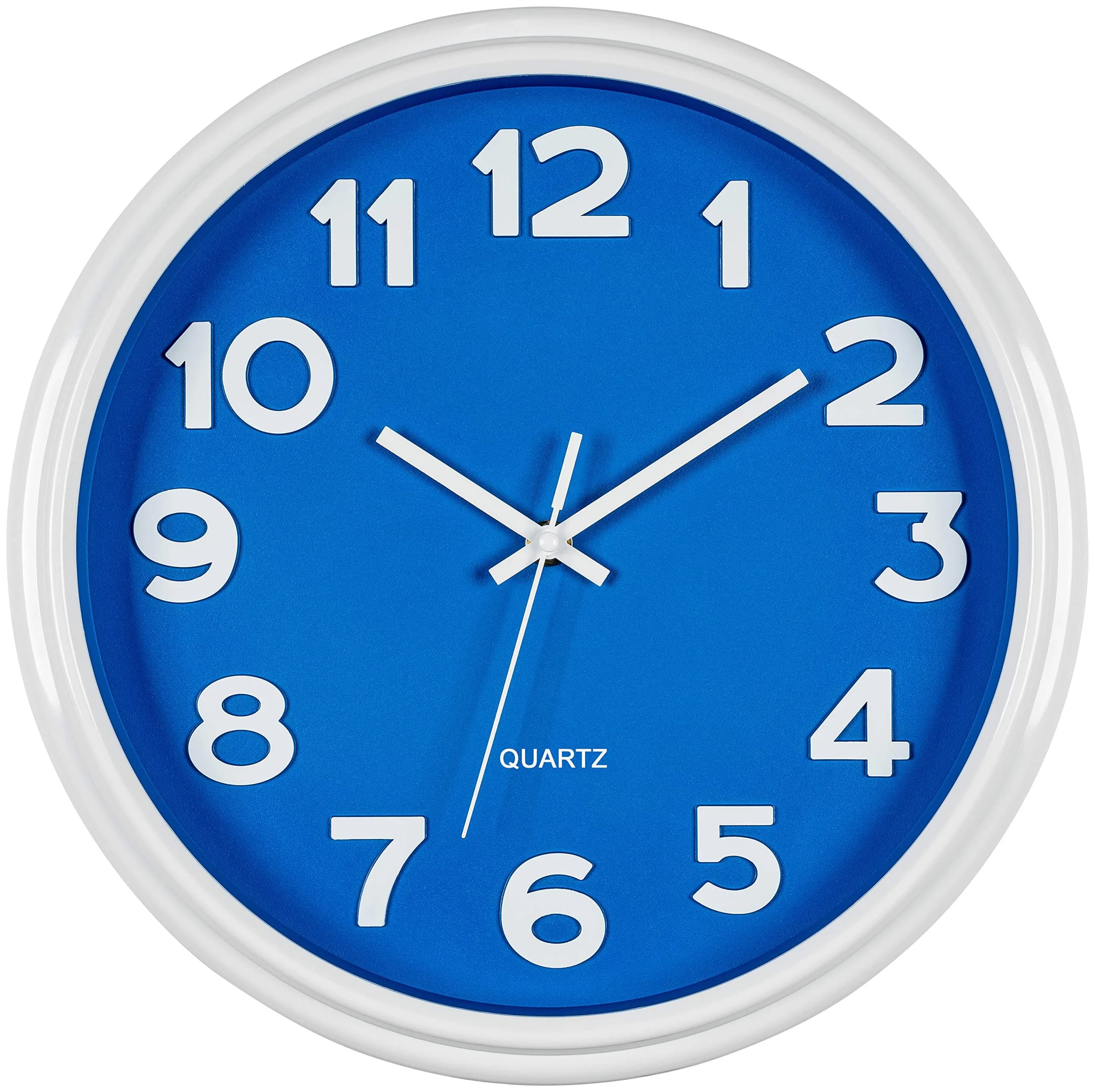 Bernhard Products Large 12.5 Inch Purple Wall Clock with Sweep Movement, Quartz Analog Display, Plastic Case, Metal Hands, Battery Operated — Blue