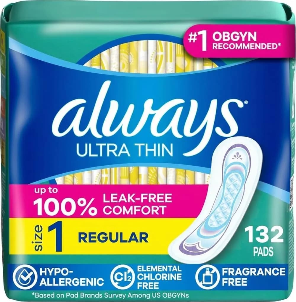 Always Ultra Thin Feminine Pads Without Wings, Size 1 Regular Absorbency, 132 Count | 100% Leak-Free Protection - main product image