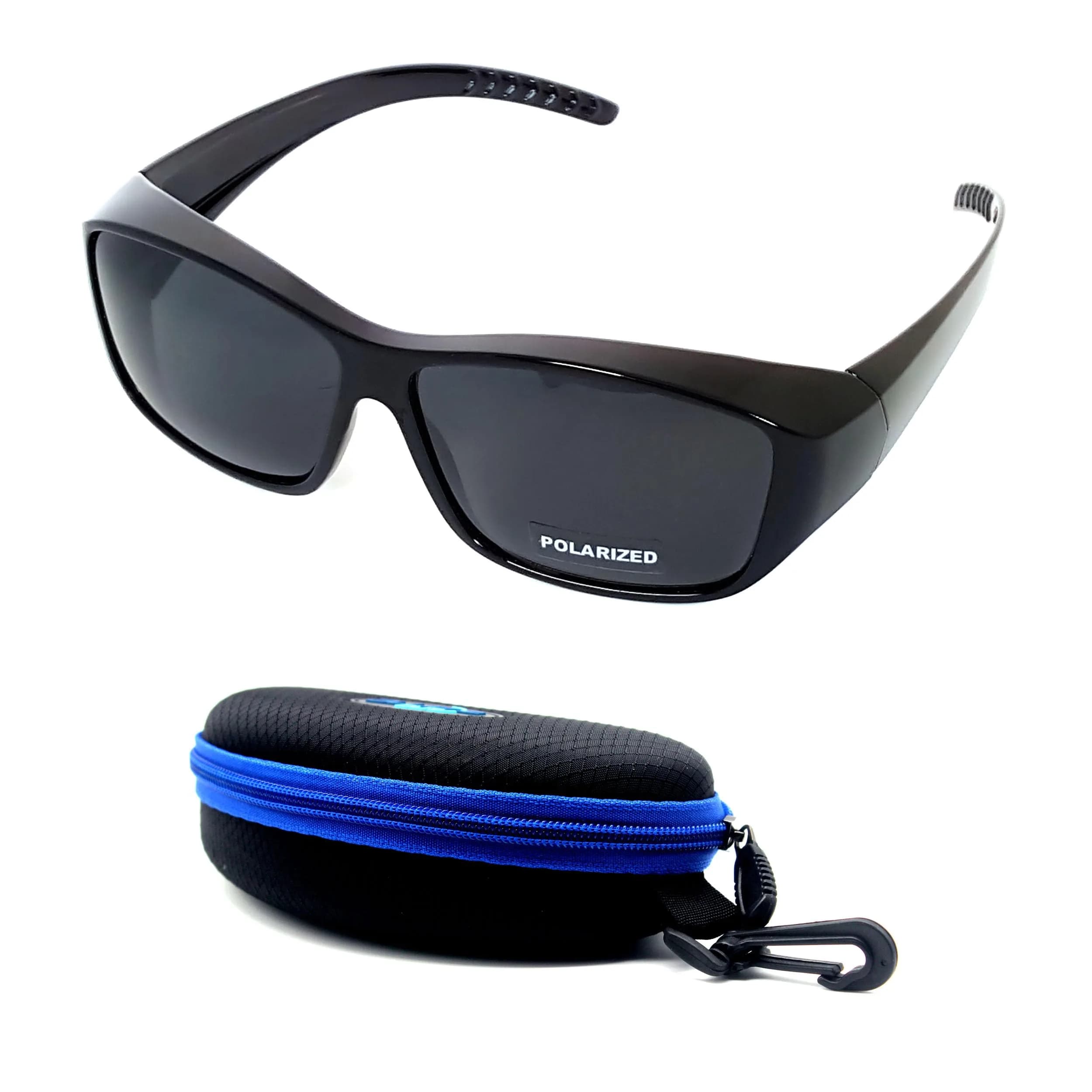 BLUE CUT Fit Over Polarized Sunglasses for Men & Women | 65mm (2.56") Lens Width, 154mm (6.06") Arm Length — Black Grey