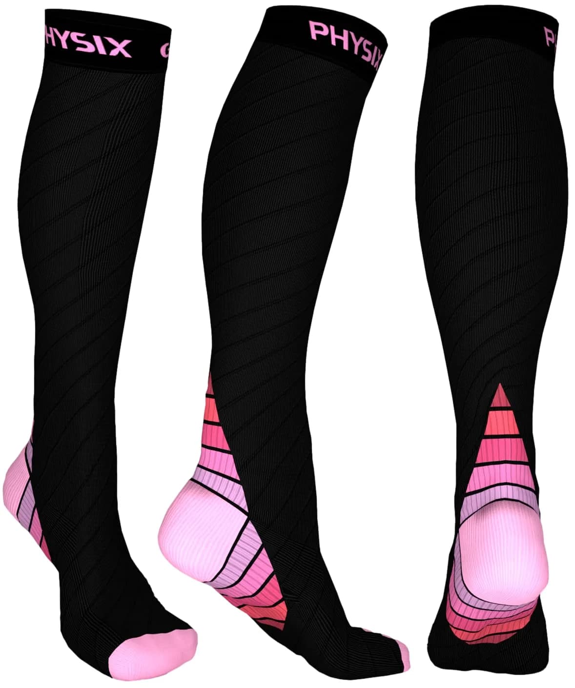 Physix Gear Compression Socks - Best Men & Women’s Circulation Support, Athletic & Travel, S/M | Blood Pressure & Swelling Relief — Black/Pink / Large-X-Large