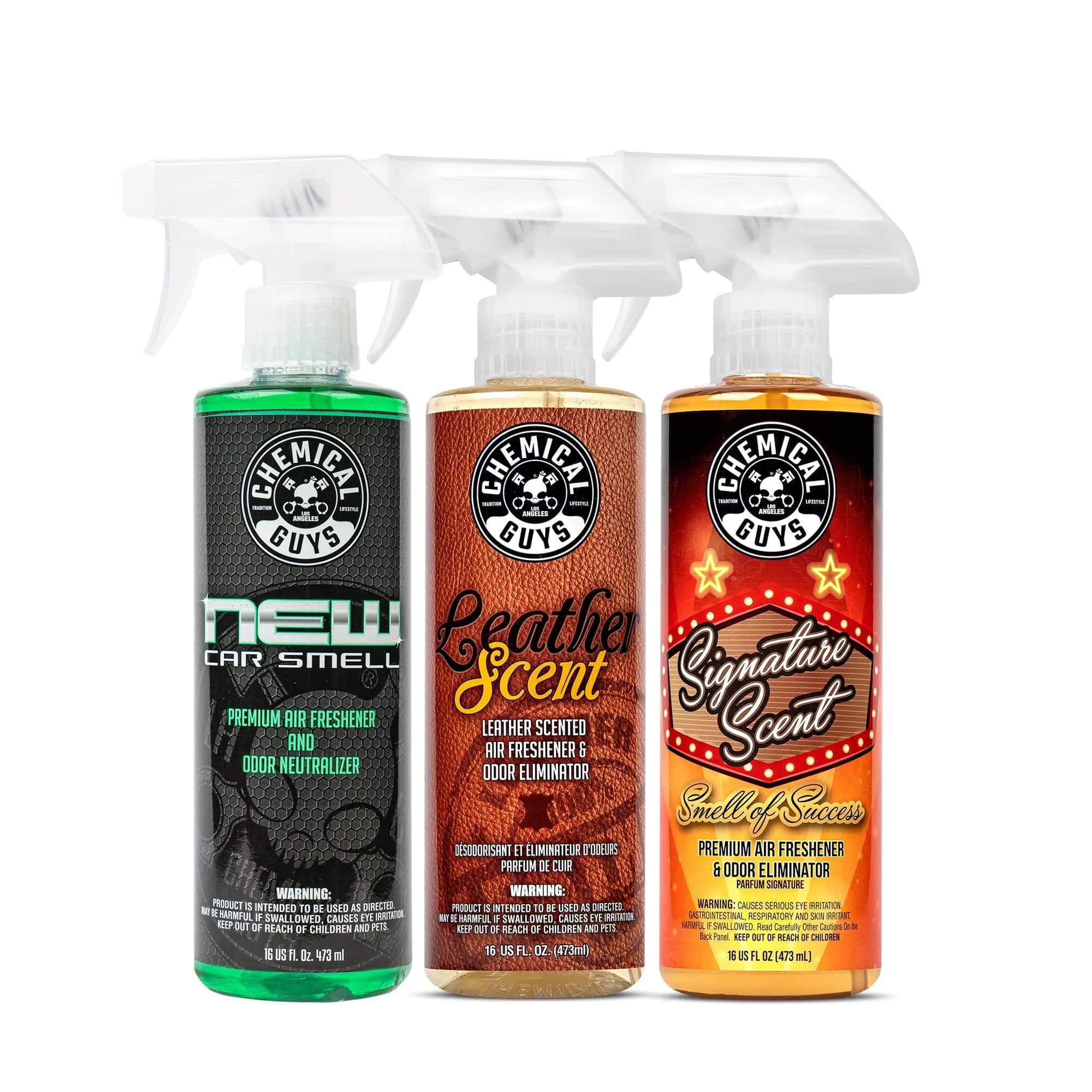 Chemical Guys New Car & Leather Scent Air Freshener Sample Kit 2 x 4 Fl Oz (8 Fl Oz Total) | Odor Eliminating Spray for Automotive Interiors — Multicolor