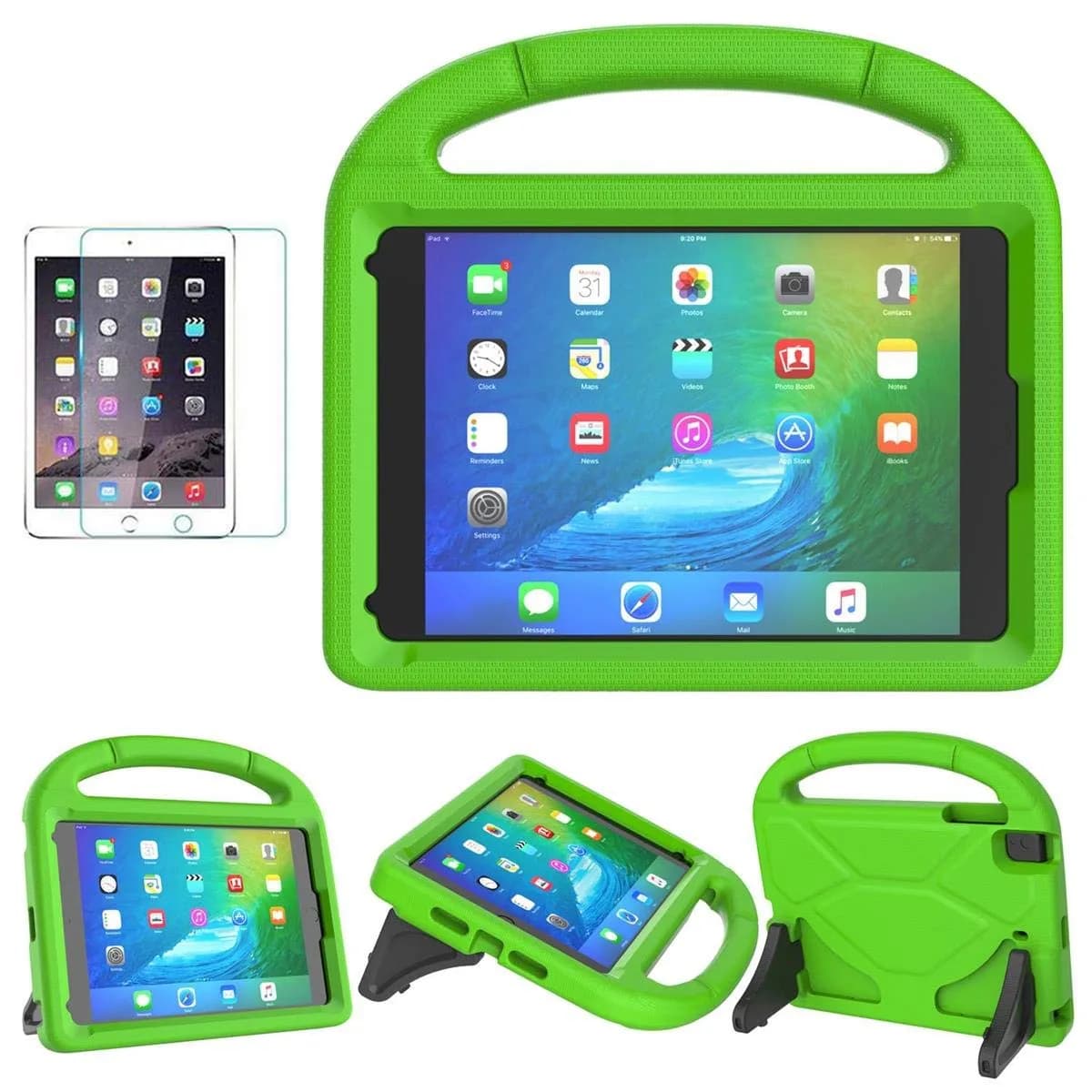 Suplik Kids Case for iPad Mini 1/2/3/4/5 (7.9") with 2 Screen Protectors | Durable Shockproof Handle Stand Cover — Green