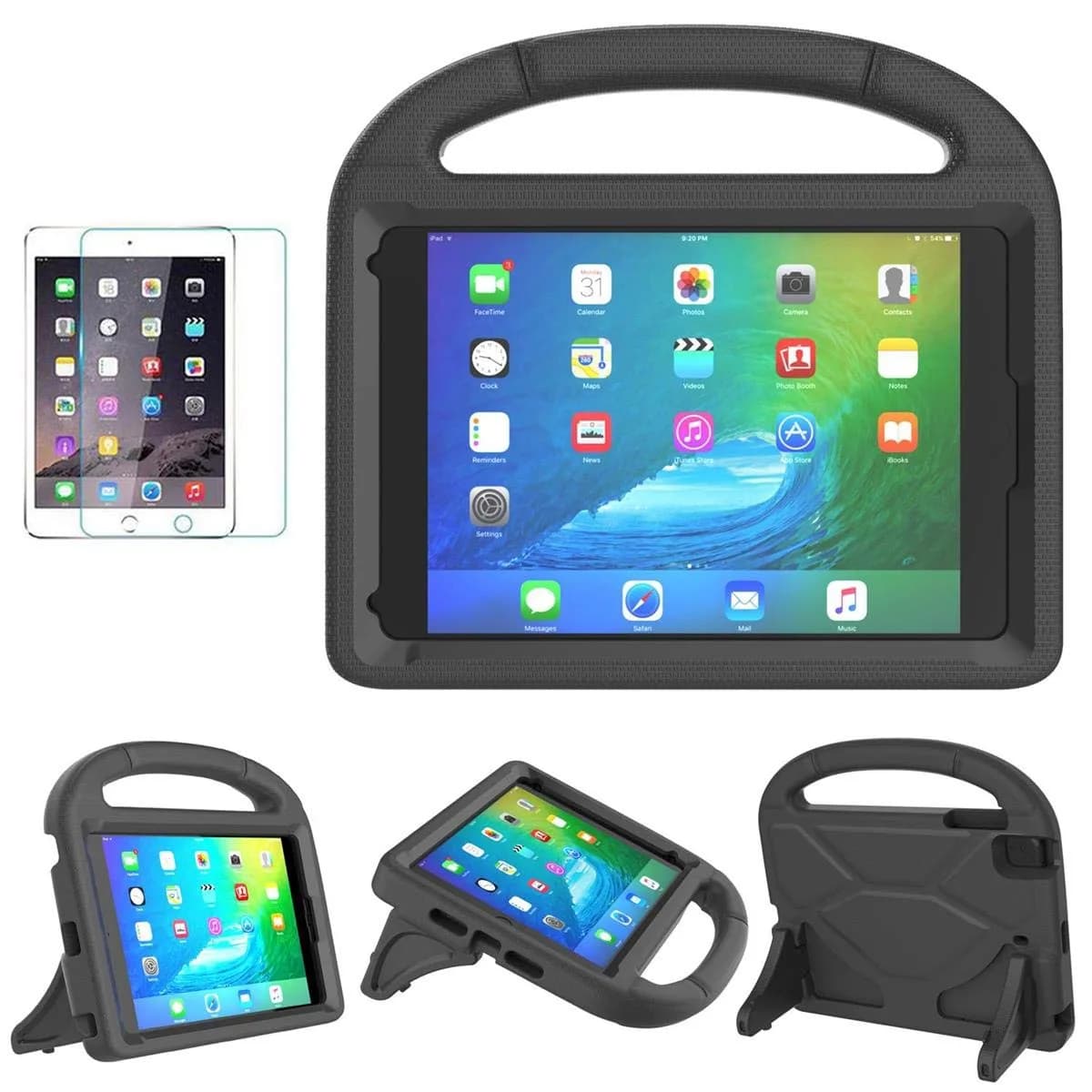 Suplik Kids Case for iPad Mini 1/2/3/4/5 (7.9") with 2 Screen Protectors | Durable Shockproof Handle Stand Cover — Black