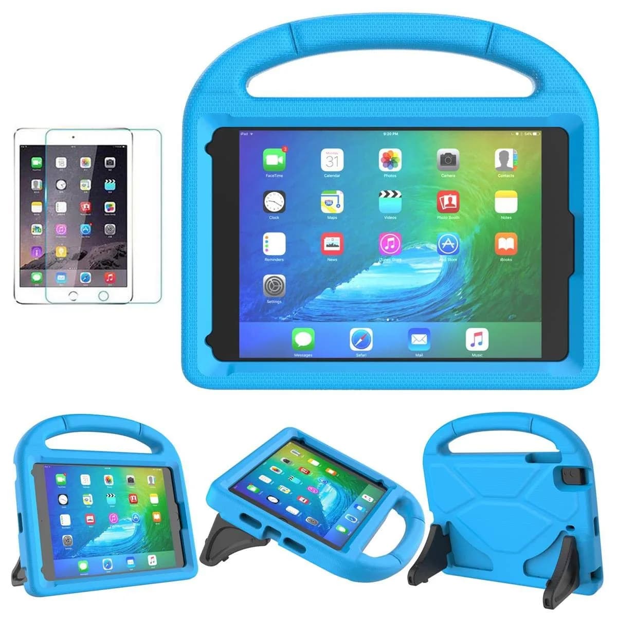 Suplik Kids Case for iPad Mini 1/2/3/4/5 (7.9") with 2 Screen Protectors | Durable Shockproof Handle Stand Cover — Blue