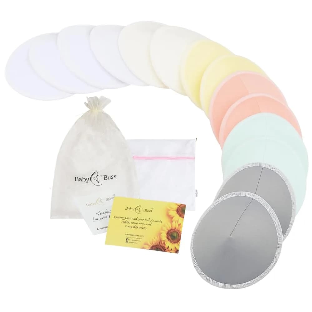 BABY BLISS Organic Bamboo Nursing Pads 14 Washable Breast Pads with Wash Bag | 3-Layer Absorbency for Leak Protection — Pastel Touch (3-Layers)
