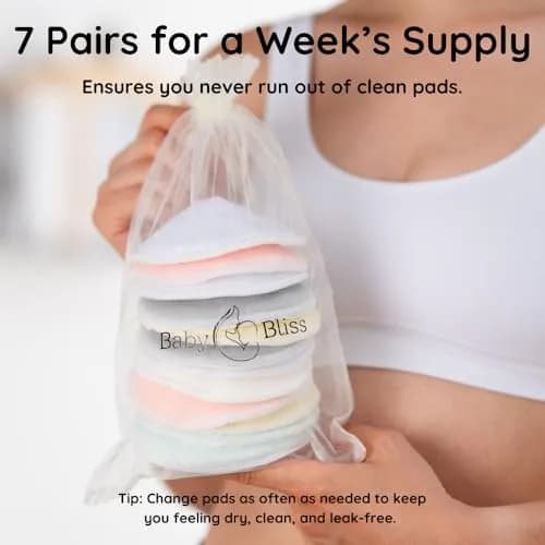 BABY BLISS Organic Bamboo Nursing Pads 14 Washable Breast Pads with Wash Bag | 3-Layer Absorbency for Leak Protection thumbnail 6