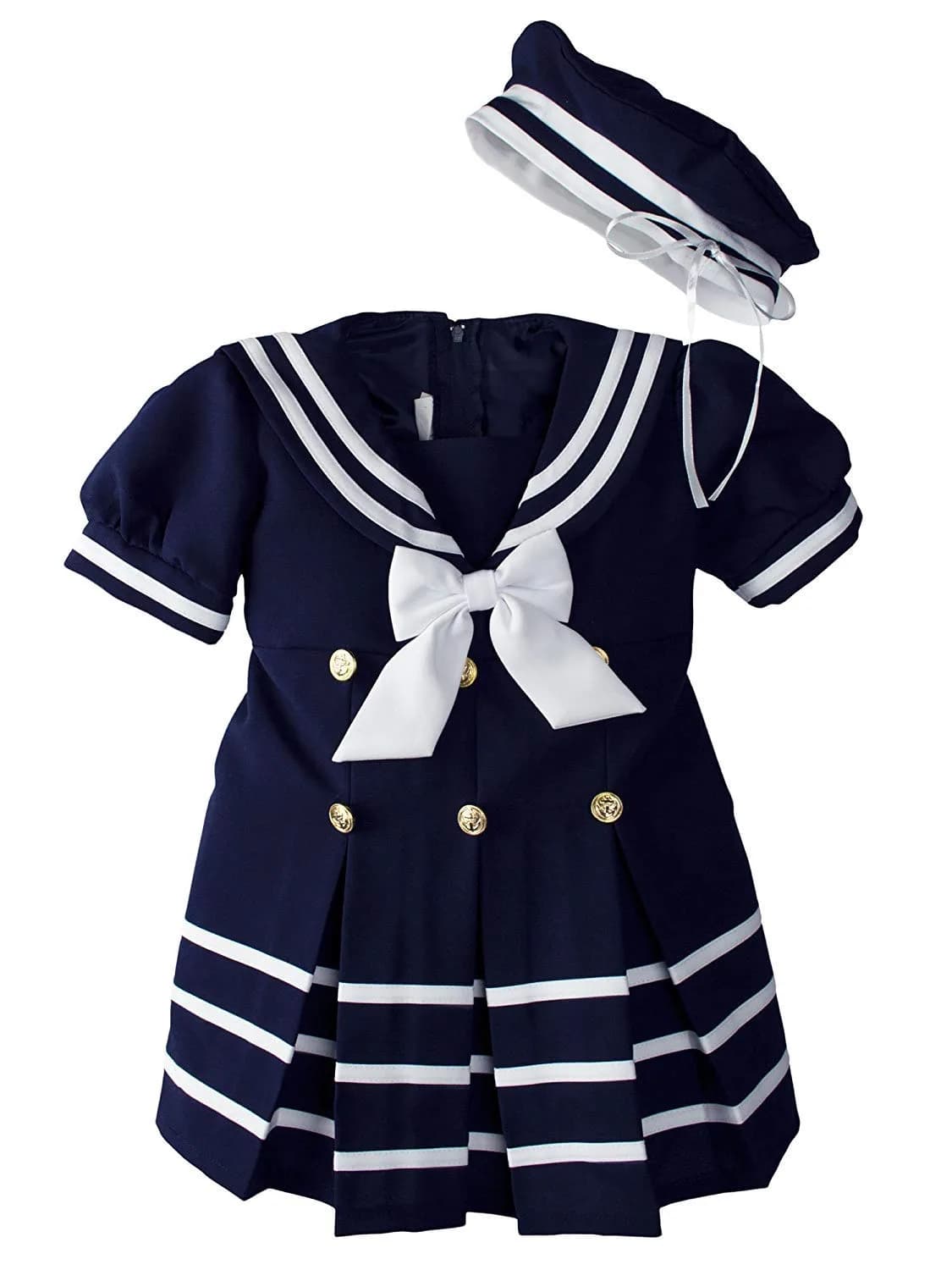 iGirlDress Baby Toddler Girls Nautical Sailor Dress with Hat 3T White | Navy & Gold Buttons, Zipper Closure — Navy