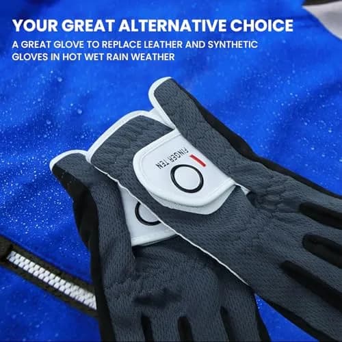 FINGER TEN Men's Golf Gloves Rain Grip 2 Pack (Gray, M/Large) | Wet Weather Performance & Breathable Mesh thumbnail 3