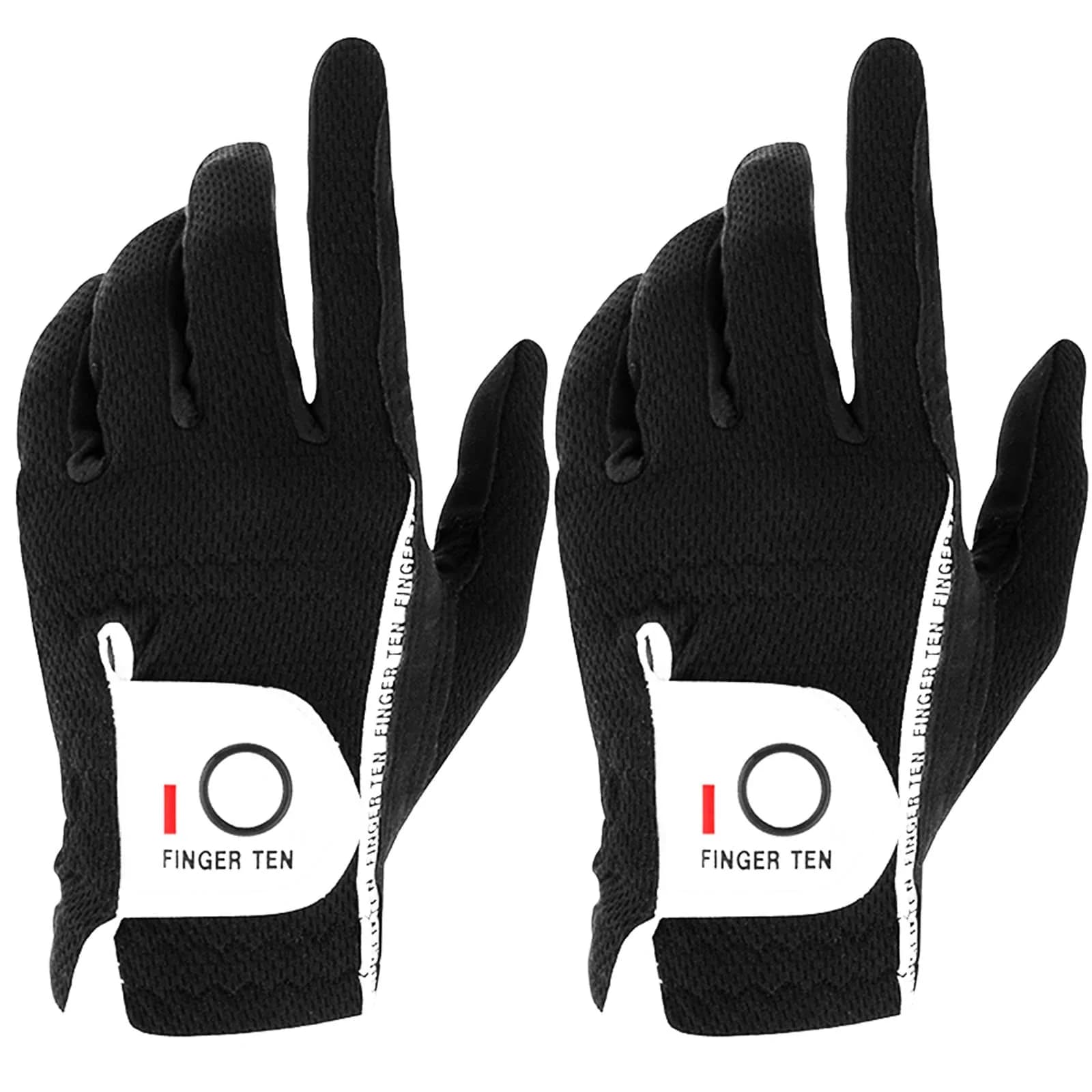 FINGER TEN Men's Golf Gloves Rain Grip 2 Pack (Black, Large, Left Hand) | Wet Weather Grip & Breathable Comfort