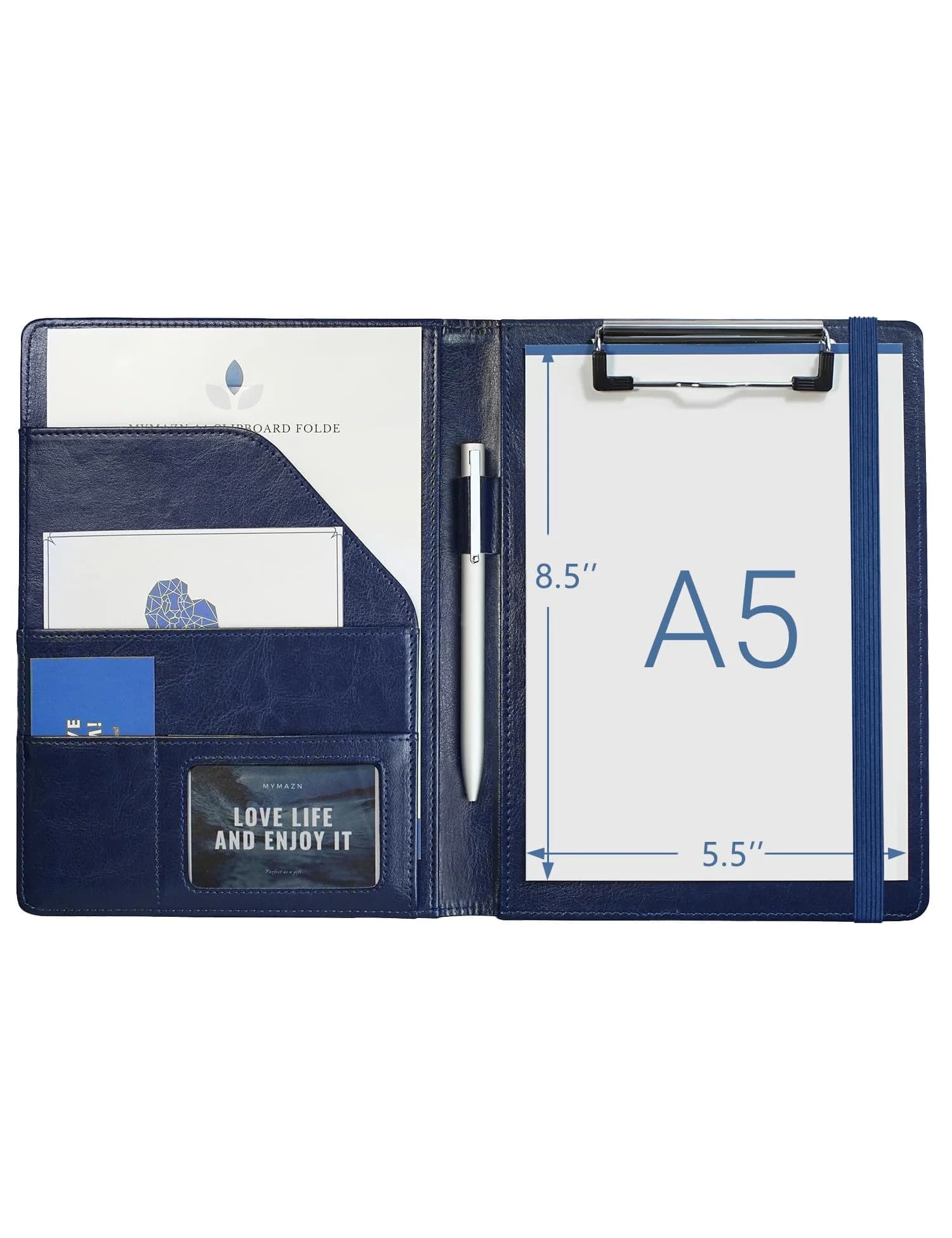 Mymazn Small A5 Padfolio with Clipboard & Elastic Closure, Blue Faux Leather | Fits 5x8 Inch Writing Pads