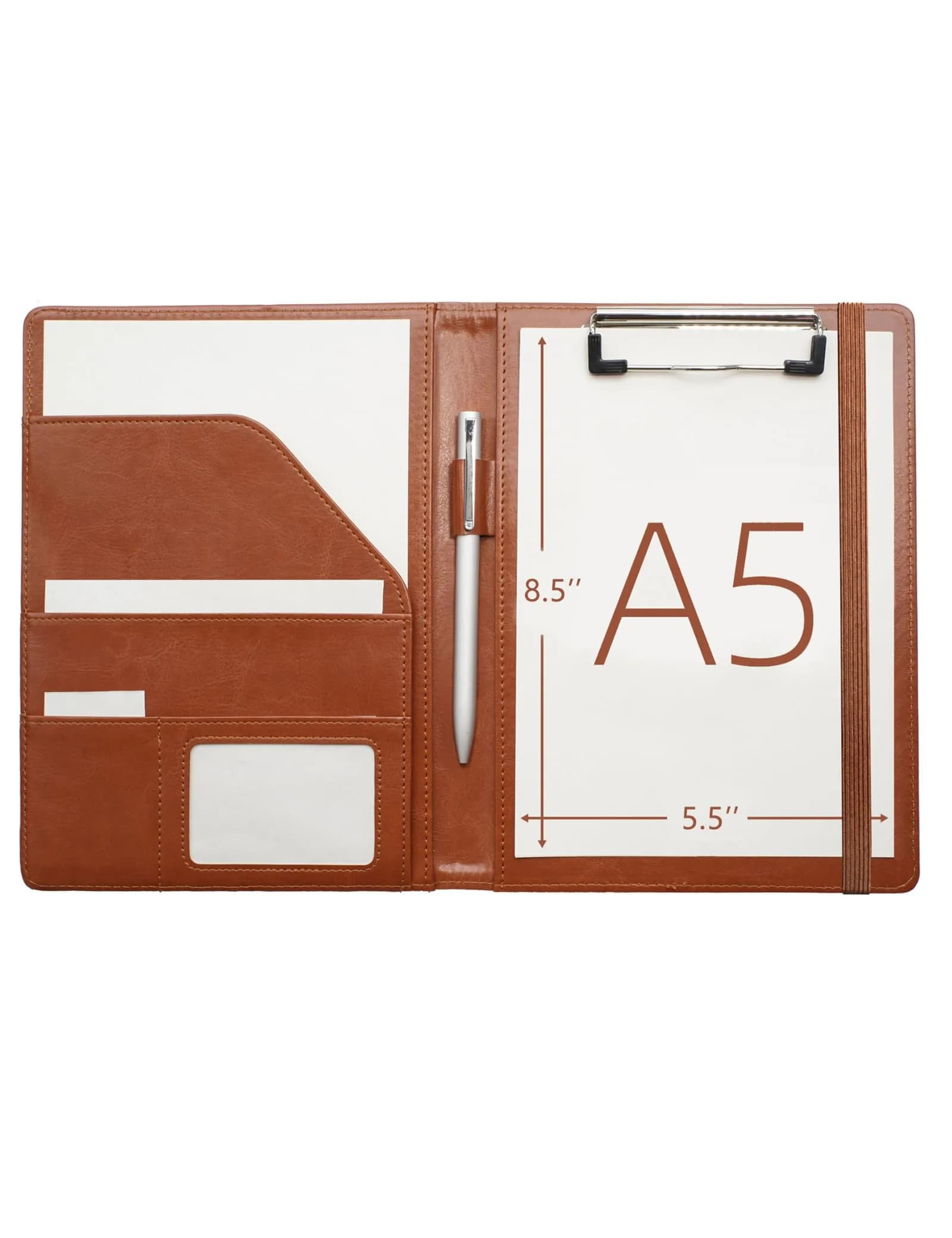 Mymazn Small Clipboard Padfolio for Women Fits 5x8 Inch Writing Pads | Brown Classic Faux Leather with Elastic Closure & Pockets