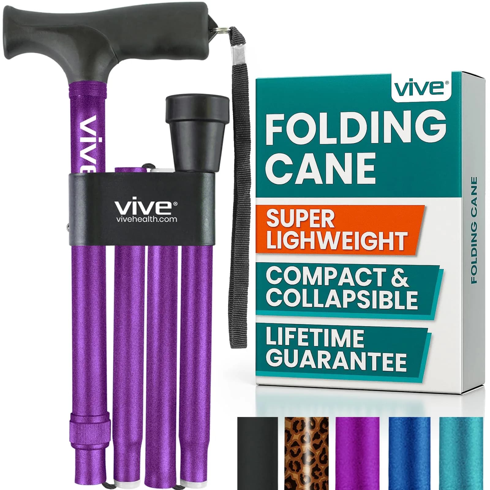 Vive Folding Cane - Adjustable Walking Cane for Men & Women, 33"-37", Purple | Lightweight Aluminum Mobility Aid with Ergonomic Grip & Non-Slip Tip